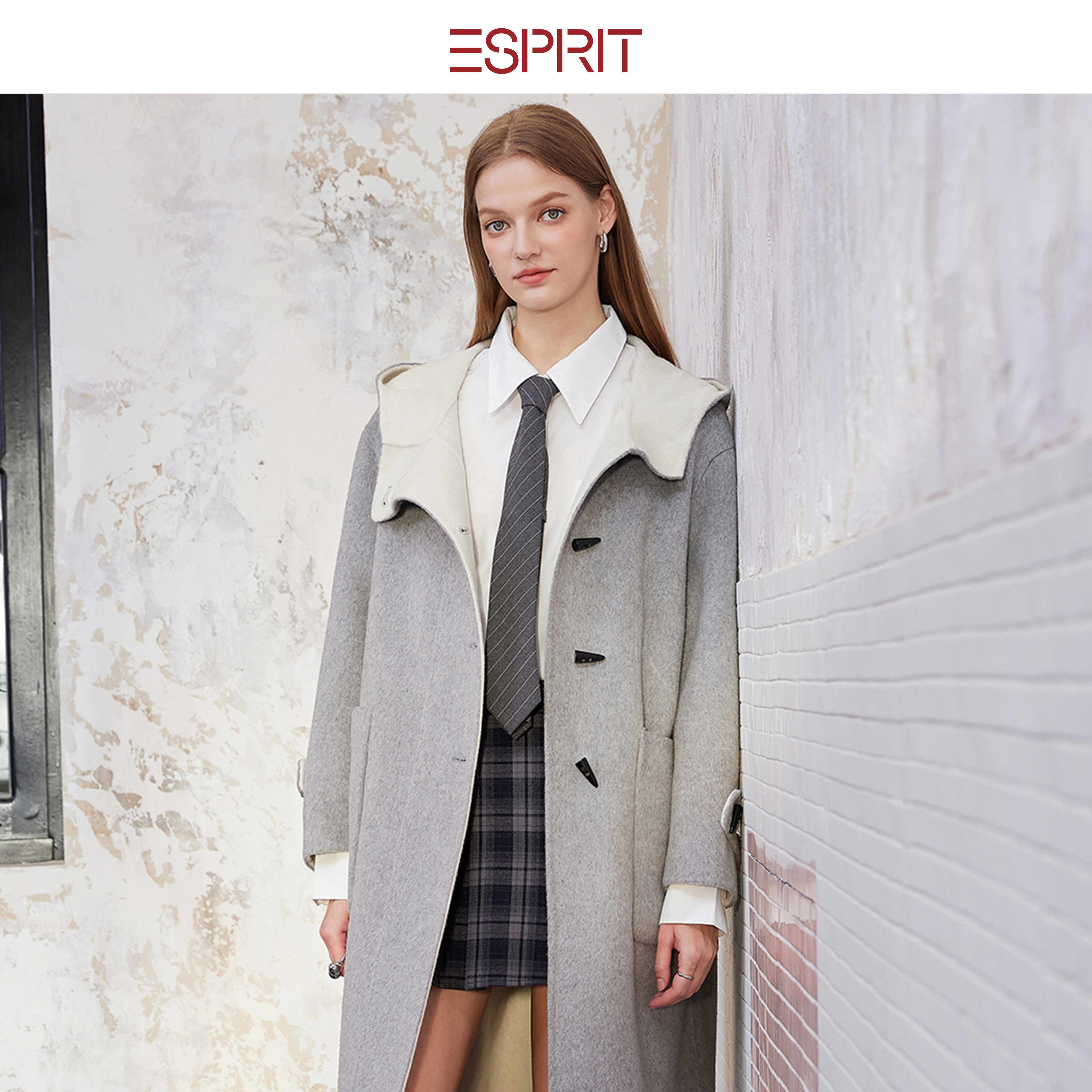 ESPRIT学院风连帽毛呢大衣