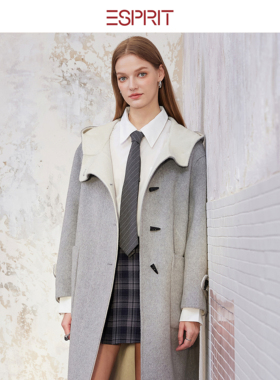 ESPRIT/埃斯普利特学院风连帽毛呢大衣女中长款灰色高级感外套