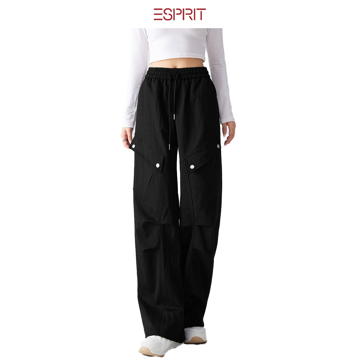 ESPRIT/埃斯普利特黑色工装风阔腿裤女宽松抽绳多口袋休闲裤显瘦,女装/女士精品,休闲裤,淘宝优惠券,粉丝福利购,淘宝优惠卷