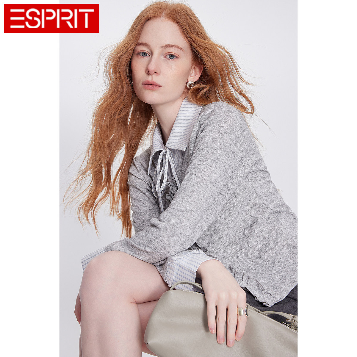 ESPRIT/埃斯普利特韩版学院风翻领系带针织衫女灰色毛衣开衫穿搭