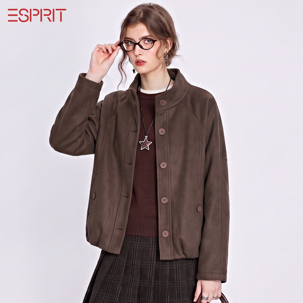 ESPRIT深棕色翻毛皮立领夹克外套女冬新款复古单排扣百搭休闲上衣