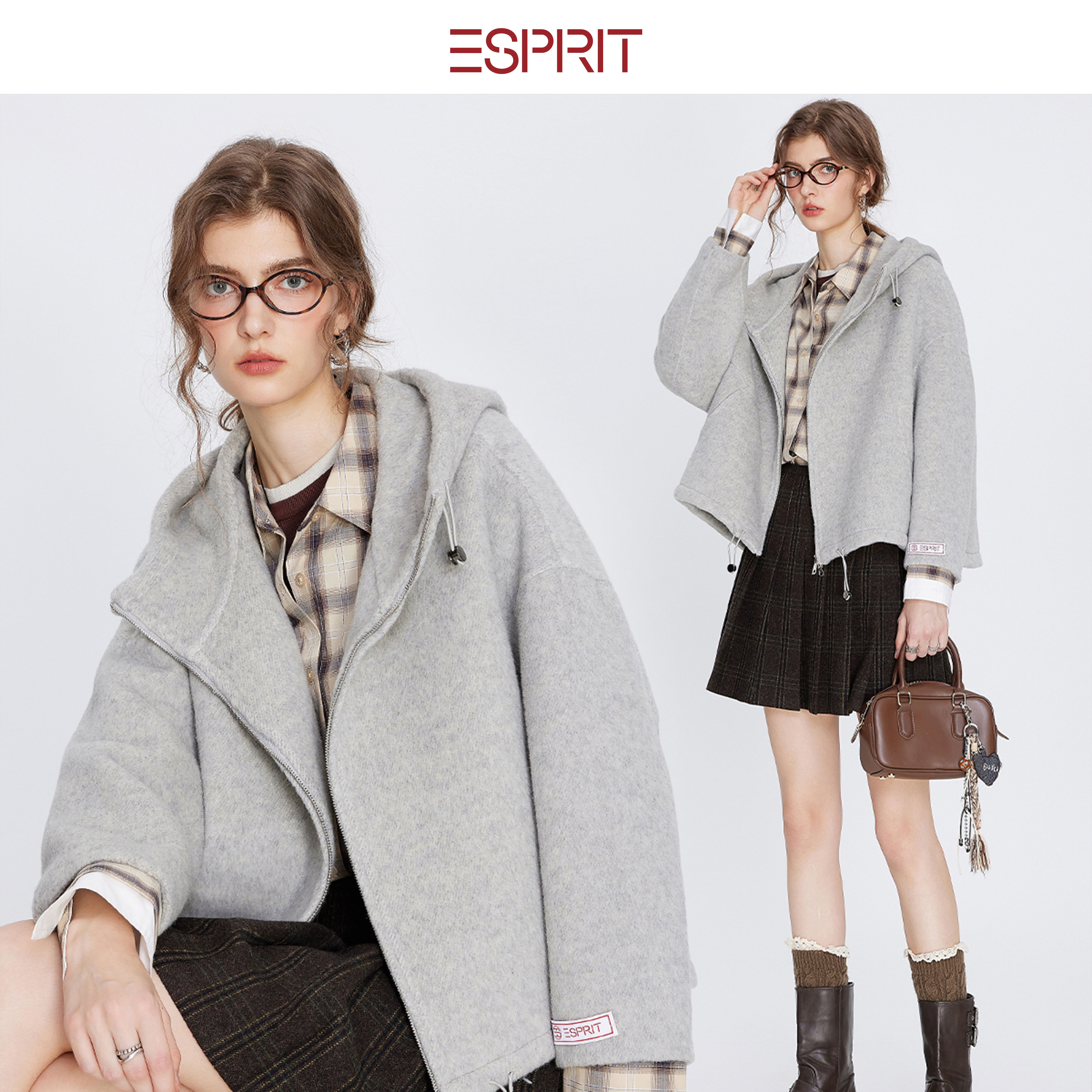ESPRIT灰色连帽短款毛呢外套