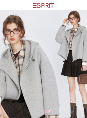 ESPRIT/埃斯普利特ESPRIT灰色连帽短款毛呢外套女秋冬宽松大衣