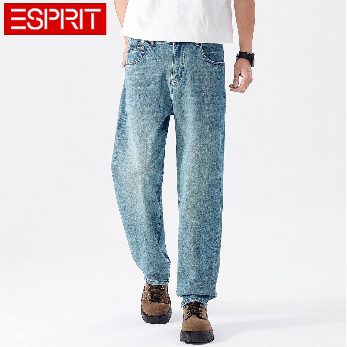 ESPRIT/埃斯普利特复古风水洗蓝牛仔裤男宽松直筒长裤休闲百搭
