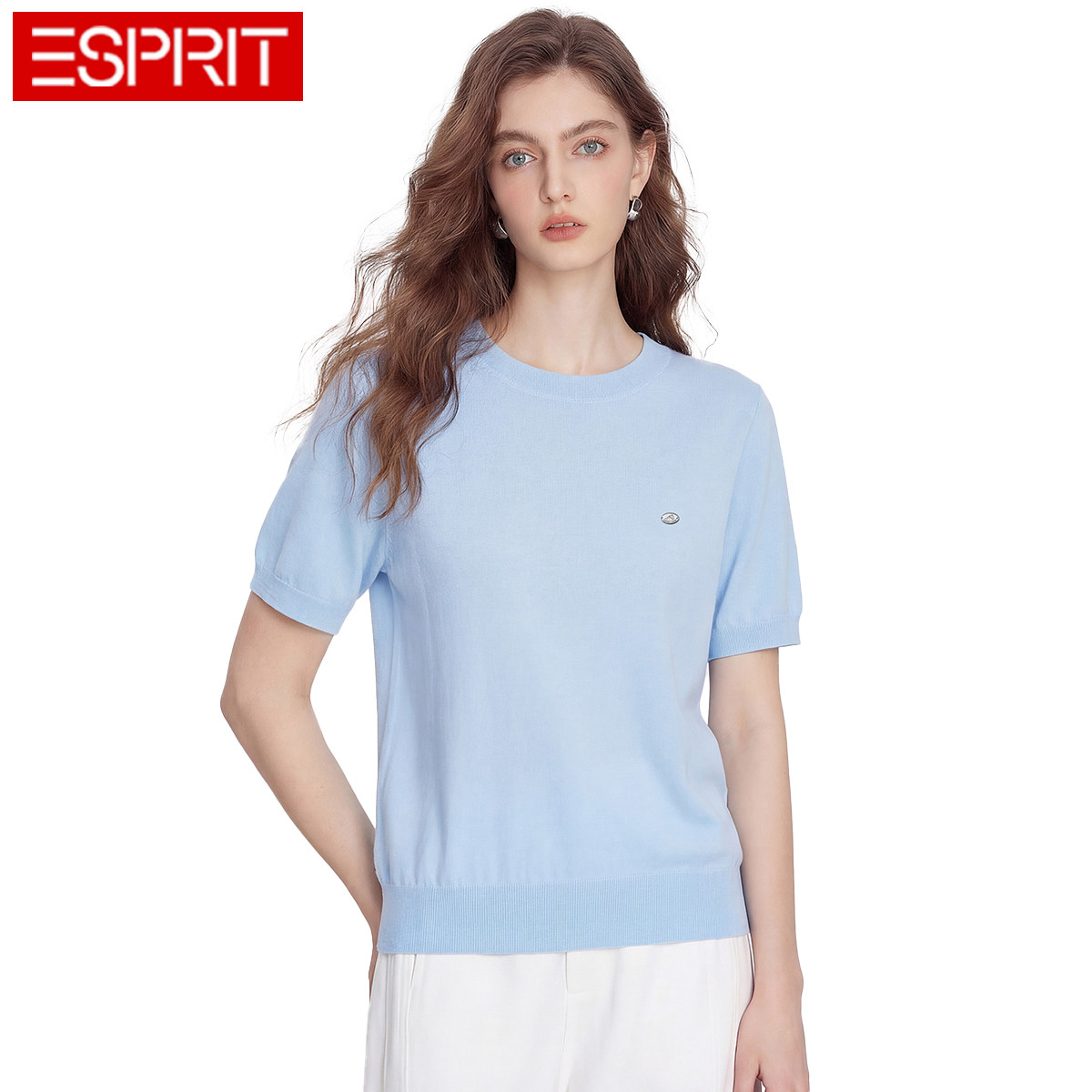 ESPRIT/埃斯普利特短袖针织衫女蓝色圆领通勤打底衫舒适极简上衣