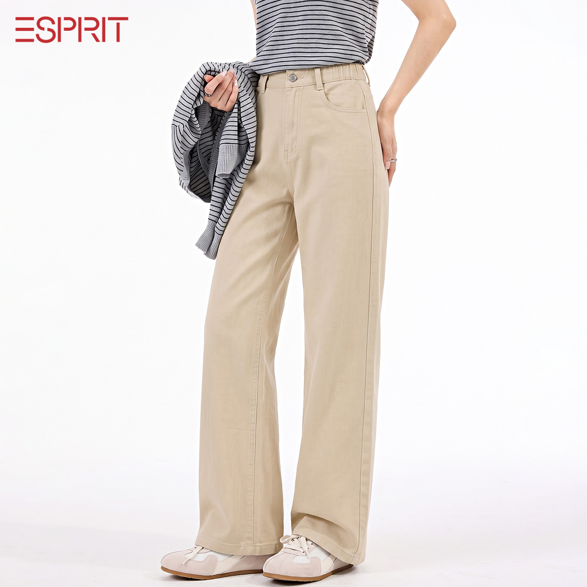 ESPRIT美式休闲卡其高腰直筒裤阔腿裤垂感显瘦秋冬季女士遮胯长裤