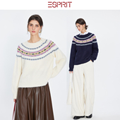 复古针织衫 ESPRIT 埃斯普利特费尔岛风提花羊毛衣女圆领显瘦长袖