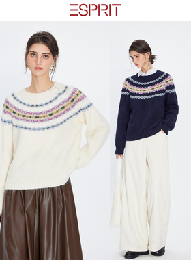 ESPRIT/埃斯普利特费尔岛风提花羊毛衣女圆领显瘦长袖复古针织衫