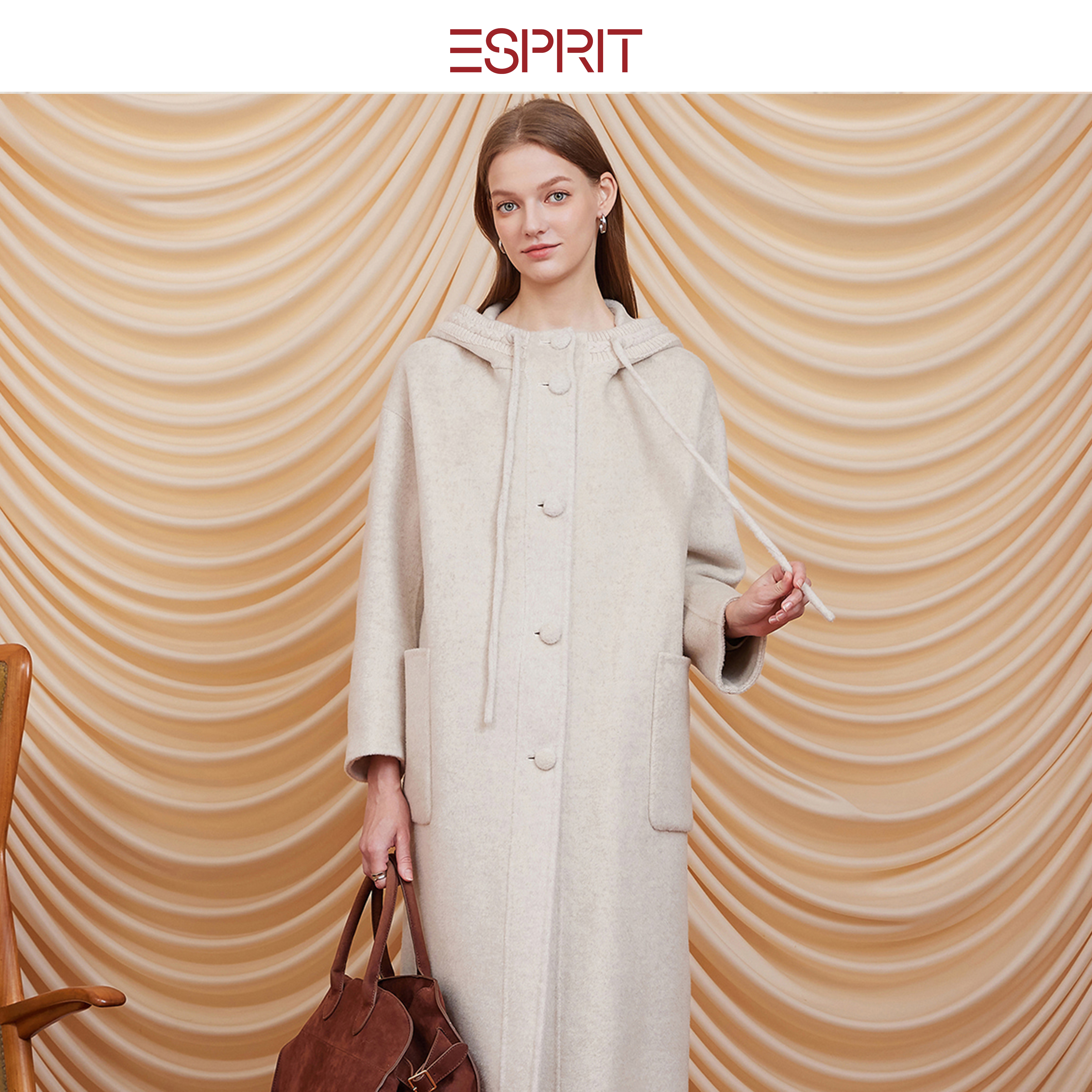 ESPRIT连帽毛呢大衣女长款