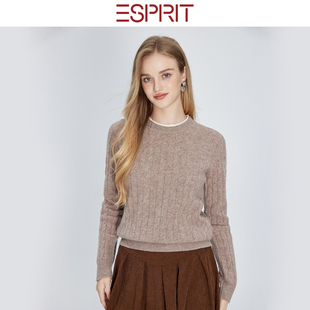 针织毛衣打底衫 女长袖 埃斯普利特极简风圆领麻花绵羊毛衫 ESPRIT