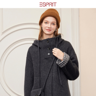 ESPRIT/埃斯普利特学院风连帽羊毛呢大衣女中长款宽松高级感外套