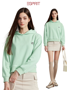 ESPRIT/埃斯普利特套头舒适极简浅绿色连帽女宽松长袖刺绣女卫衣