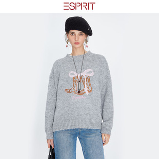 ESPRIT/埃斯普利特灰色蝴蝶结刺绣套头毛衣女甜美休闲风羊绒套衫