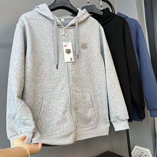 秋冬新款虎头刺绣日单520克连帽卫衣拉链加绒加厚保暖外套夹克男
