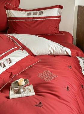 法式全棉澳四件庆WLD套蝴蝶套结棉喜字刺绣红色喜结婚纯棉被床单
