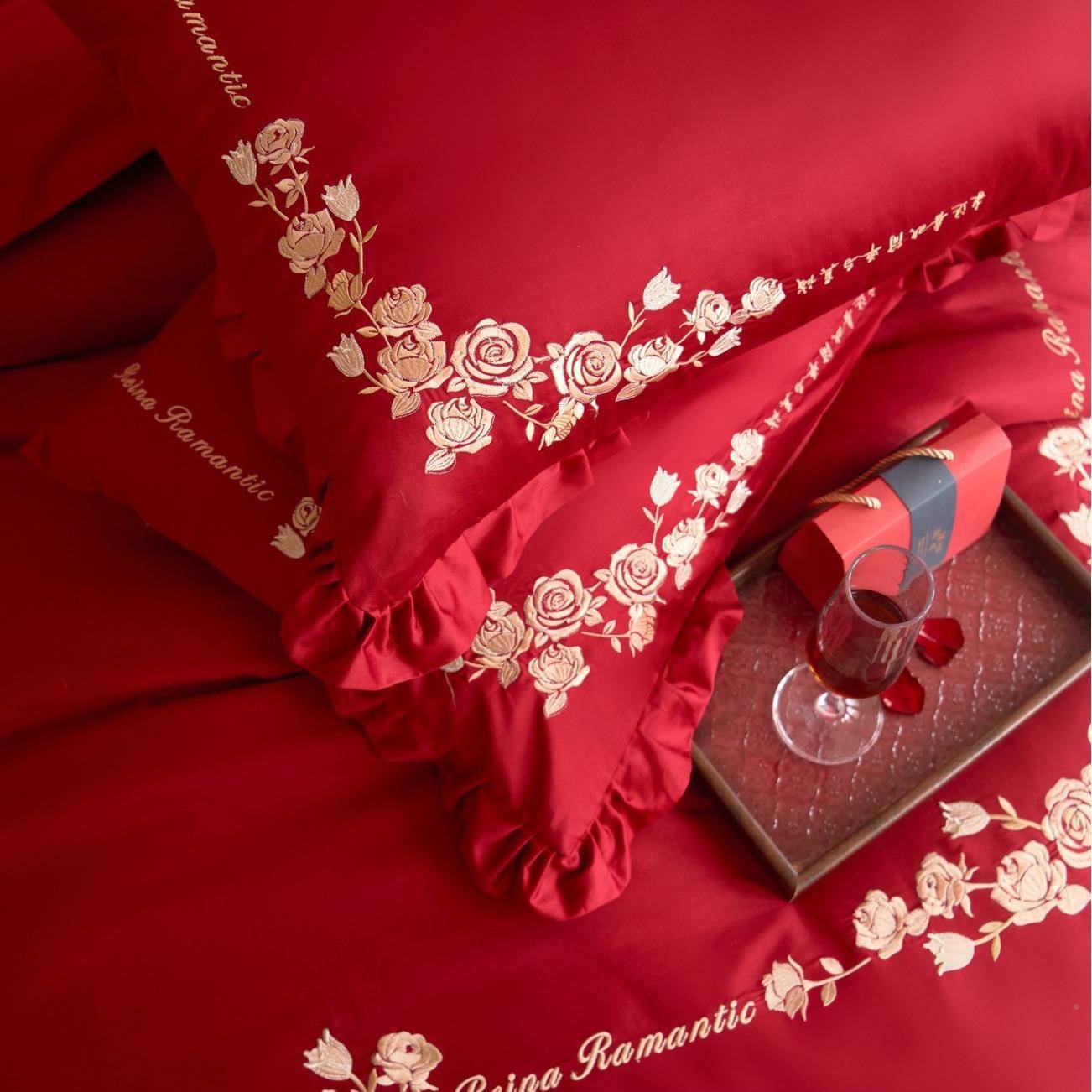 轻婚庆全棉四件套1支24300长绒棉结纯棉婚红色奢玫瑰刺绣床上用品