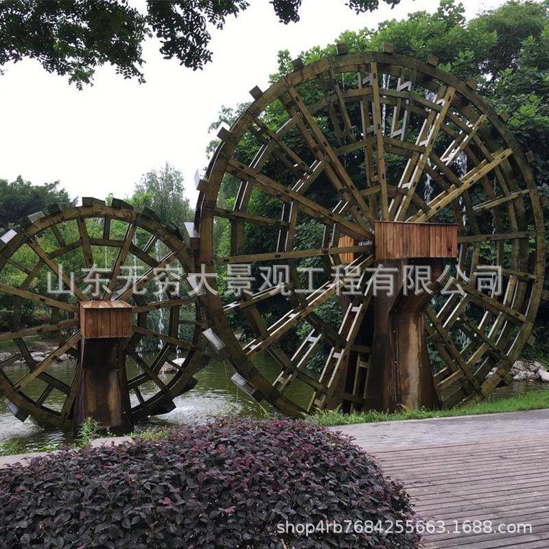 厂家制作钢构园522林鱼景观水车腐假山池水塘防木电动母子景观水