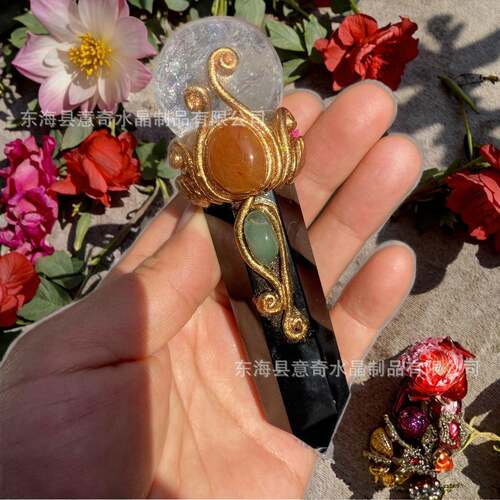 热销爆天款水然黑曜石白晶半宝石小权杖杖魔摆件工QJC艺品
