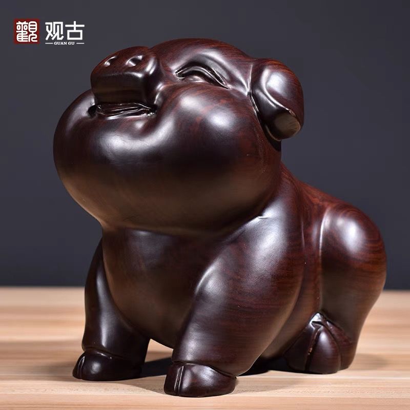 黑檀实木雕刻猪摆件木头根雕十二生肖可爱猪车内饰品手把件工艺品