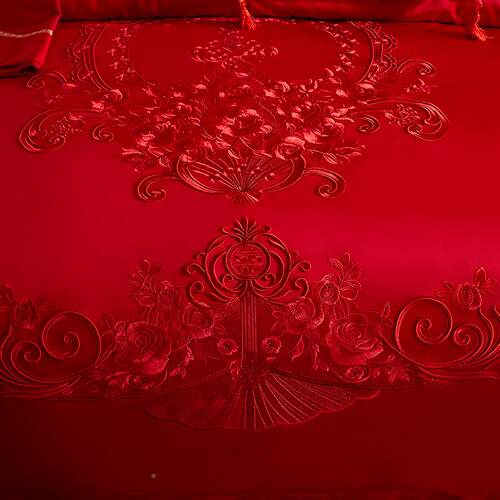 6L140s支婚庆四件上刺绣婚房床用品大红色喜被A子结婚F76H9J7M套