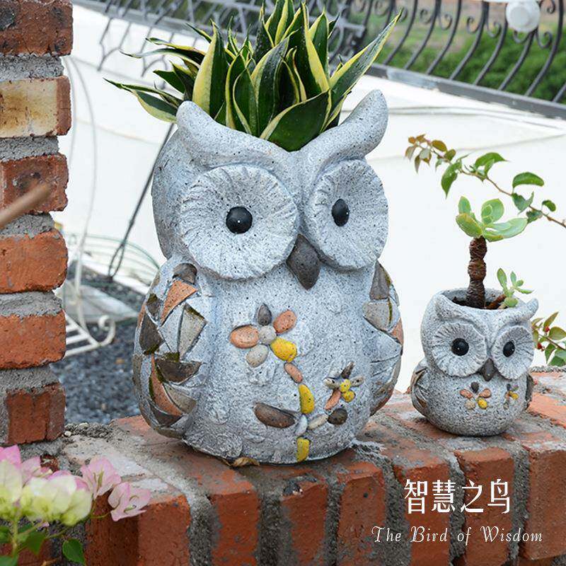花园阳台动物花盆摆件猫头鹰庭院户外装饰卡通鸟幼儿园创意摆设