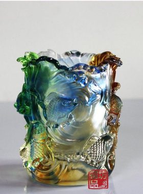 御品坊 琉璃摆件欢喜有余笔筒鱼工艺品创意摆件生日礼物实用礼品