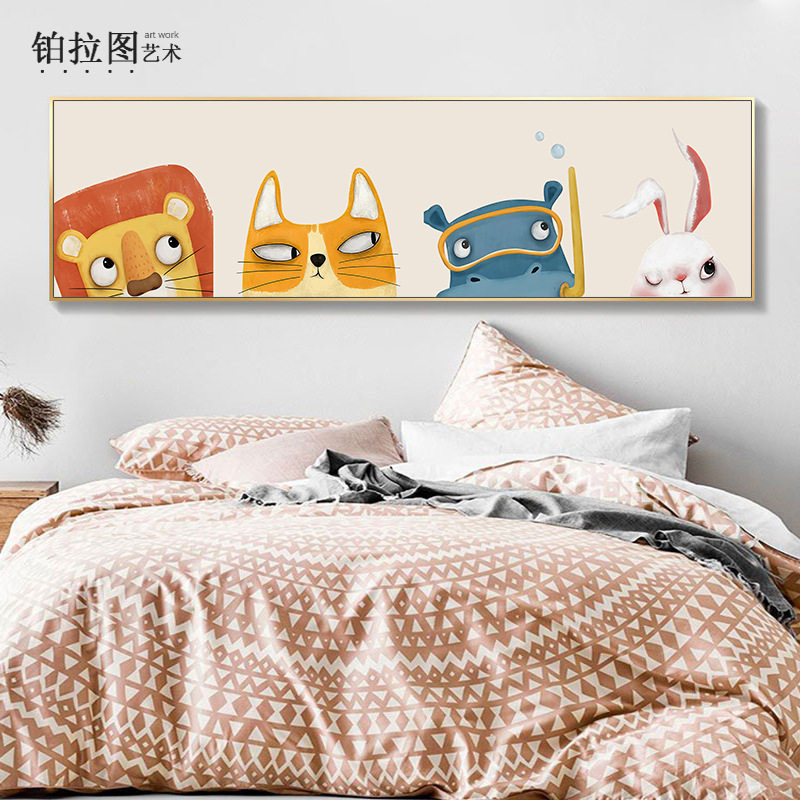 可爱动物装饰画儿童房床头横幅卧室挂画北欧风格卡通挂画工厂批发
