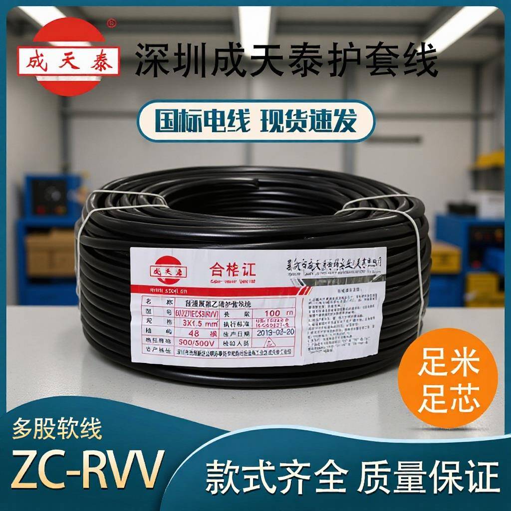 成天泰国标ZC-RVV护套线2/3芯1.5/2.5平方纯铜电缆三相电源软电线