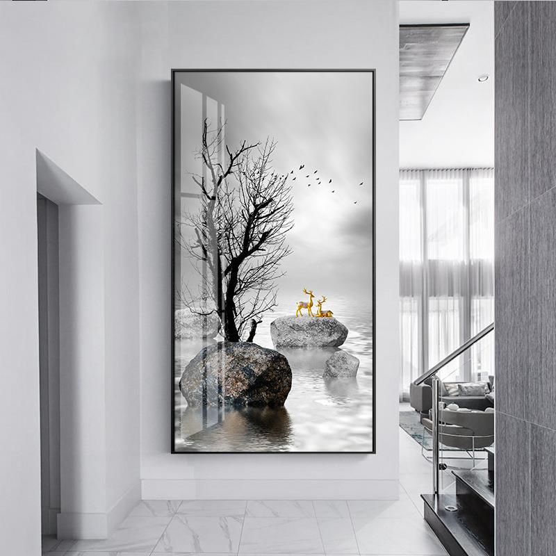 石来运转玄关装饰画金色石头麋鹿晶瓷挂画入户进门墙壁画招财风水