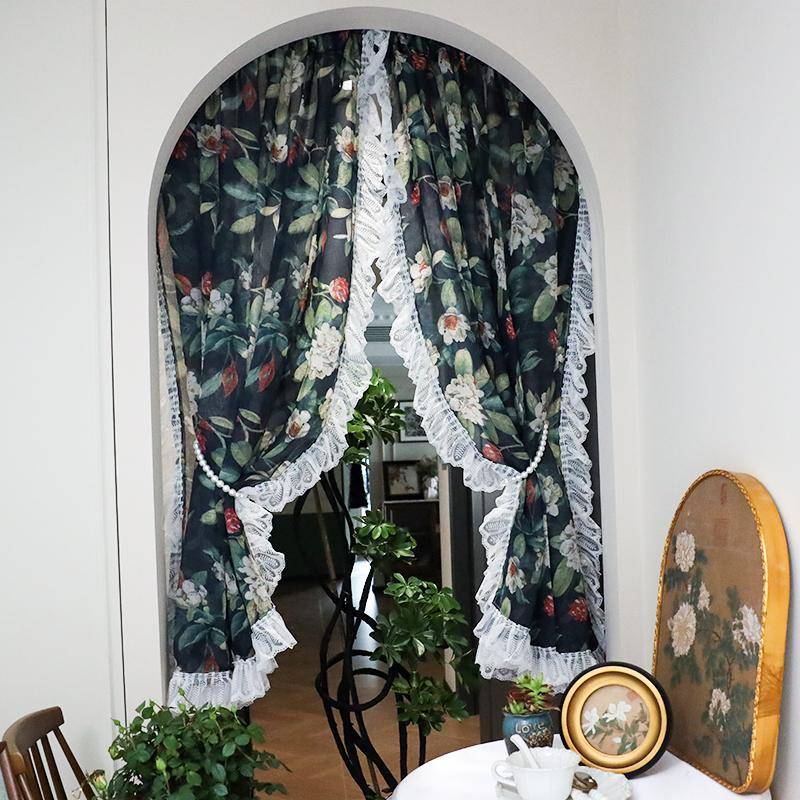 南洋复古风印花纱帘免打孔半帘小窗户短帘门帘法式中古风美式窗帘