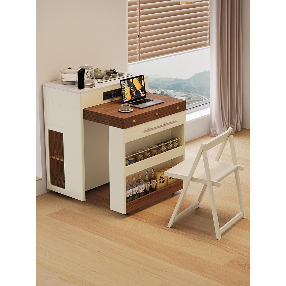 奶油风岛台餐桌一体家用可伸缩折叠饭桌小户型覆古实木餐桌椅组合