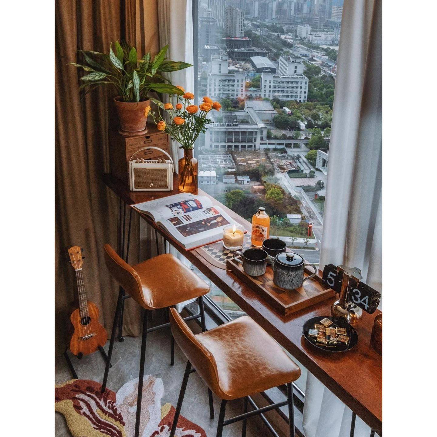 苍崎实木吧台桌阳台家用组合简约商用长条靠墙窄桌小吧台高脚桌子