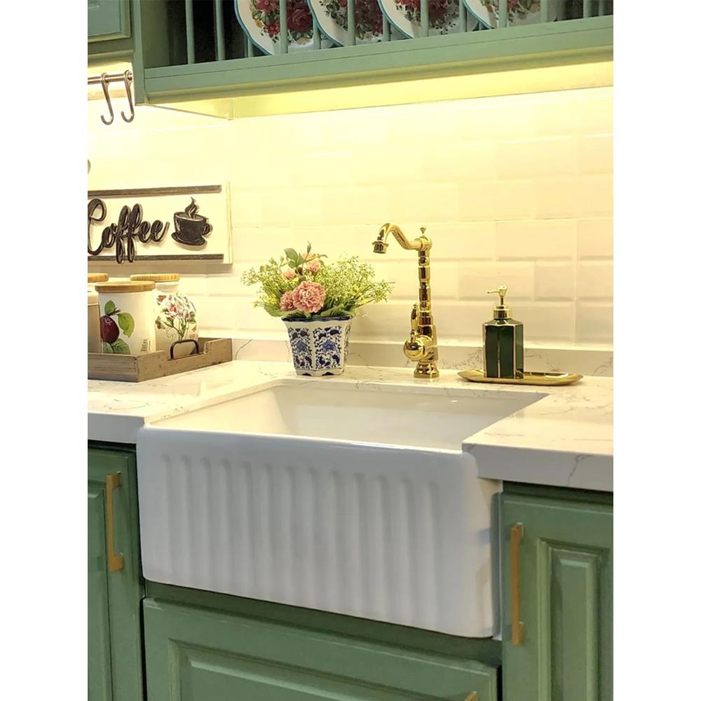 美式家用厨房陶瓷水槽法式半嵌入前置覆古洗菜盆洗碗池大单槽水池