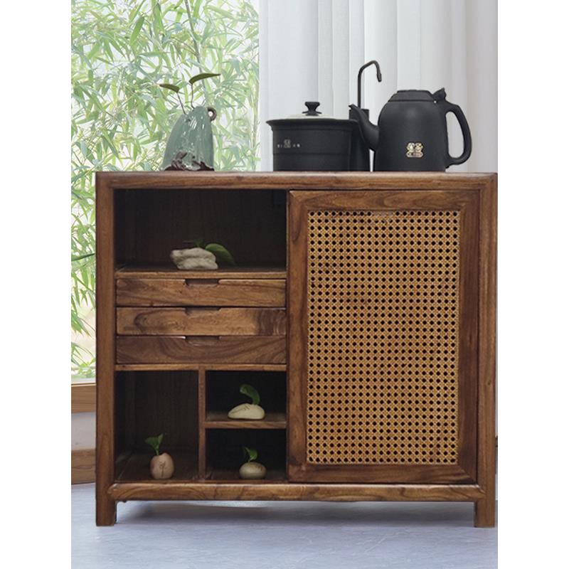 新中式茶桌边柜茶几老榆木边几黑胡桃木迷你小户型茶几烧水壶一体