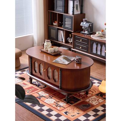 法式覆古实木茶几小户型中古风客厅家用电视柜组合椭圆形黑色茶桌