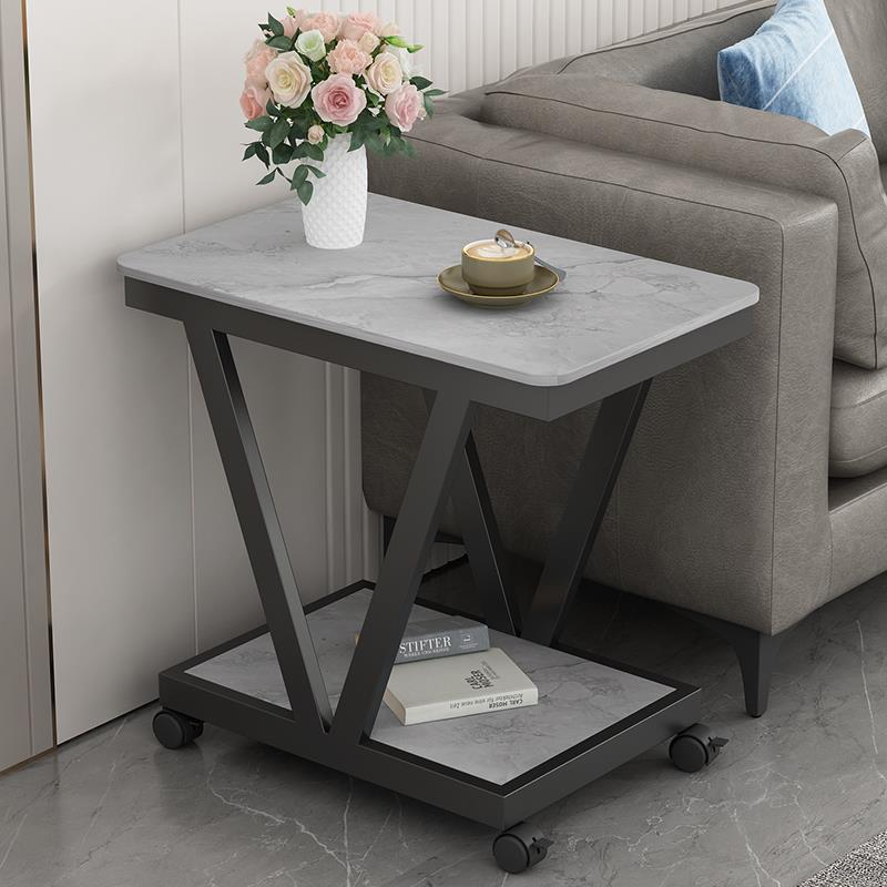 北欧沙发边几侧边柜岩板小茶几带轮边桌双层移动置物架角几床头柜