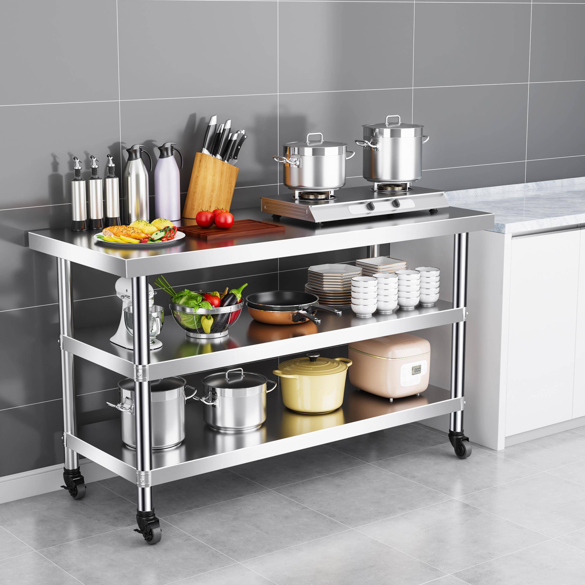 可移动工作台厨房加厚不锈钢操作台微波炉烤箱收纳带轮子切菜台架