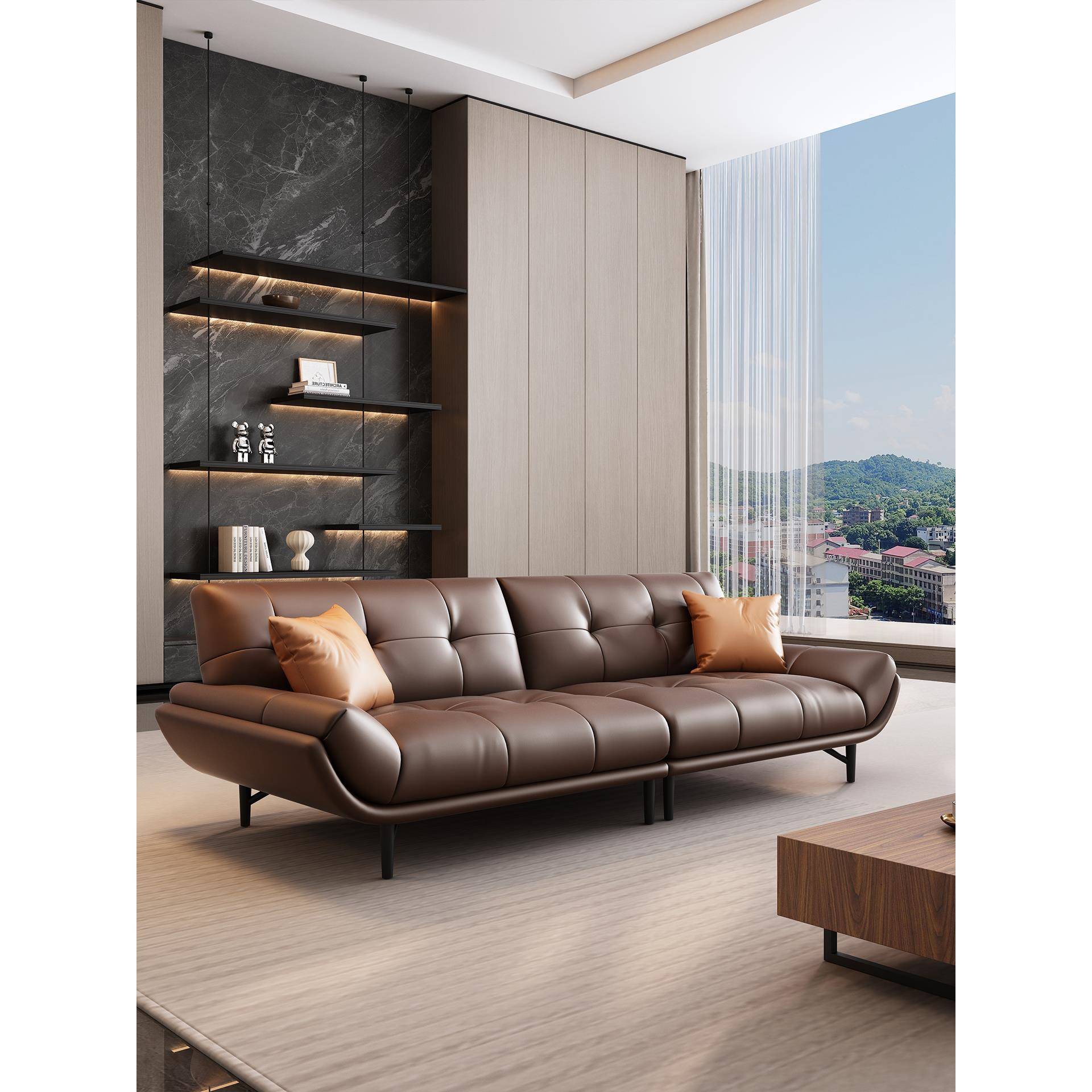 真皮简约现代办公室沙发三人位意式商务会客洽谈休闲接待茶几组合