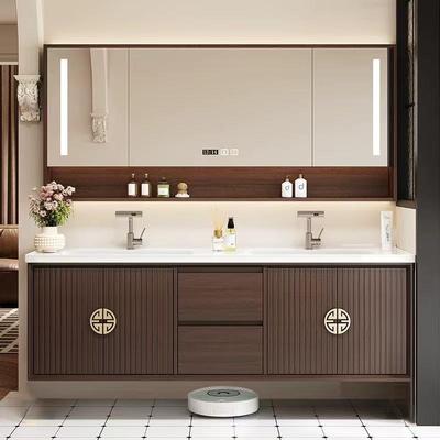 新中式双人双盆浴室柜组合岩板热弯陶瓷一体盆洗脸洗漱洗手台盆柜