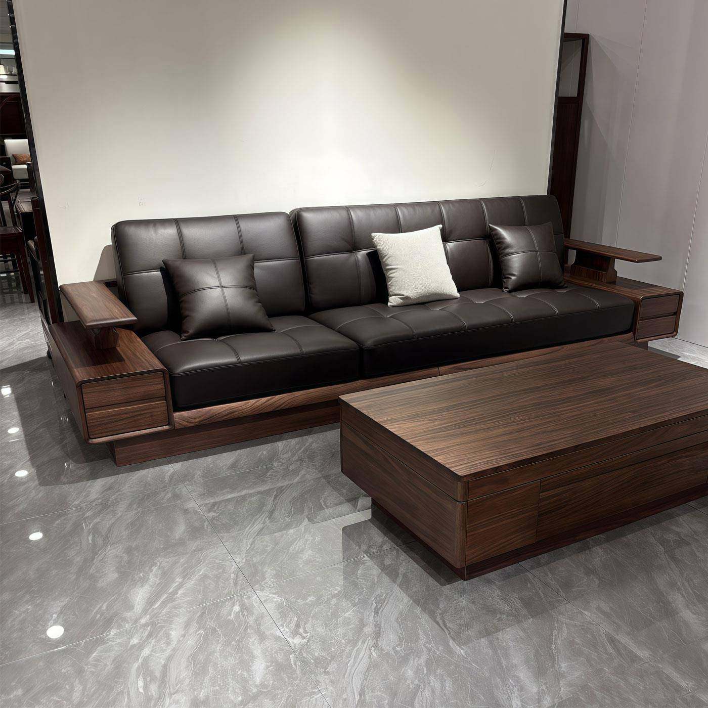 新中式黑胡桃木沙发茶几组合三人位简约实木直排客厅民宿别墅四人