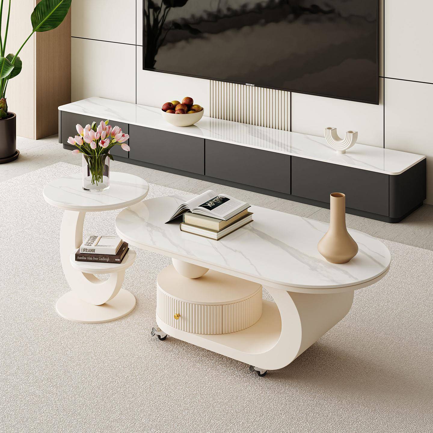 客厅家用简约移动岩板茶几2025新款高级感现代落地电视柜组合套装