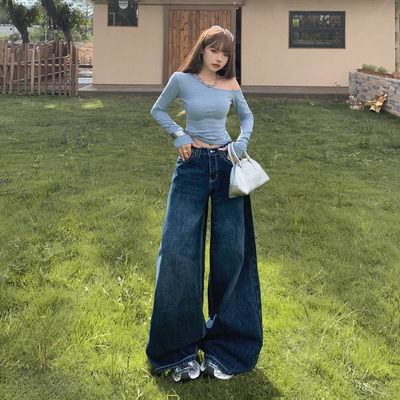 美式复古宽松猫纹高腰牛仔阔腿裤