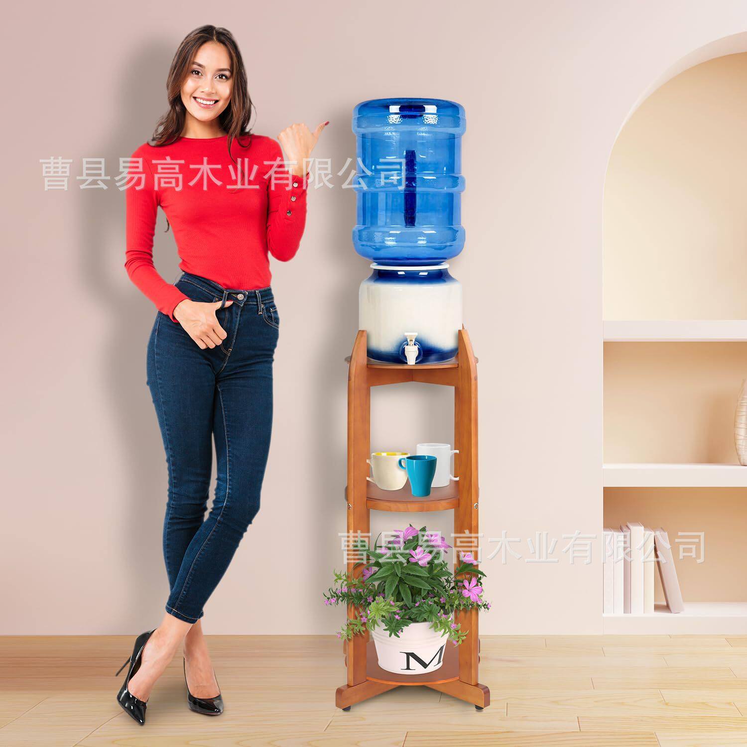实木饮水机落地架圆形搁板室内木制多层花架饮料分配器落地支架