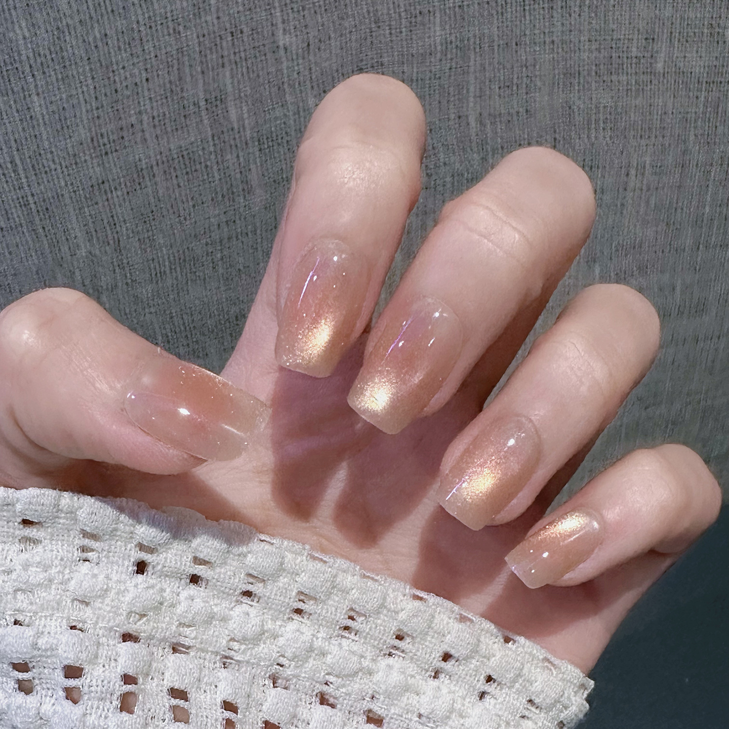 裸色猫眼穿戴甲短款手工美甲贴片