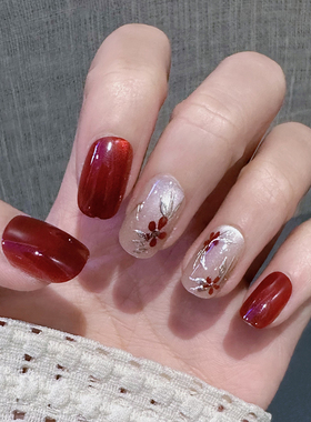 圣诞风穿戴甲红色花朵短甲片可拆卸美甲贴片显白手工甲猫眼假指甲