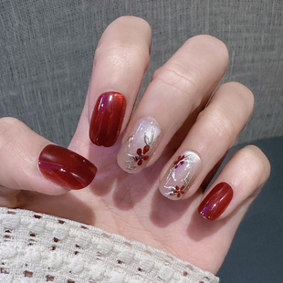 圣诞风穿戴甲红色花朵短甲片可拆卸美甲贴片显白手工甲猫眼假指甲