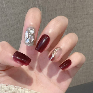 酒红色穿戴甲短款 闪钻美甲贴片高级感可拆卸指甲片显白手工甲猫眼
