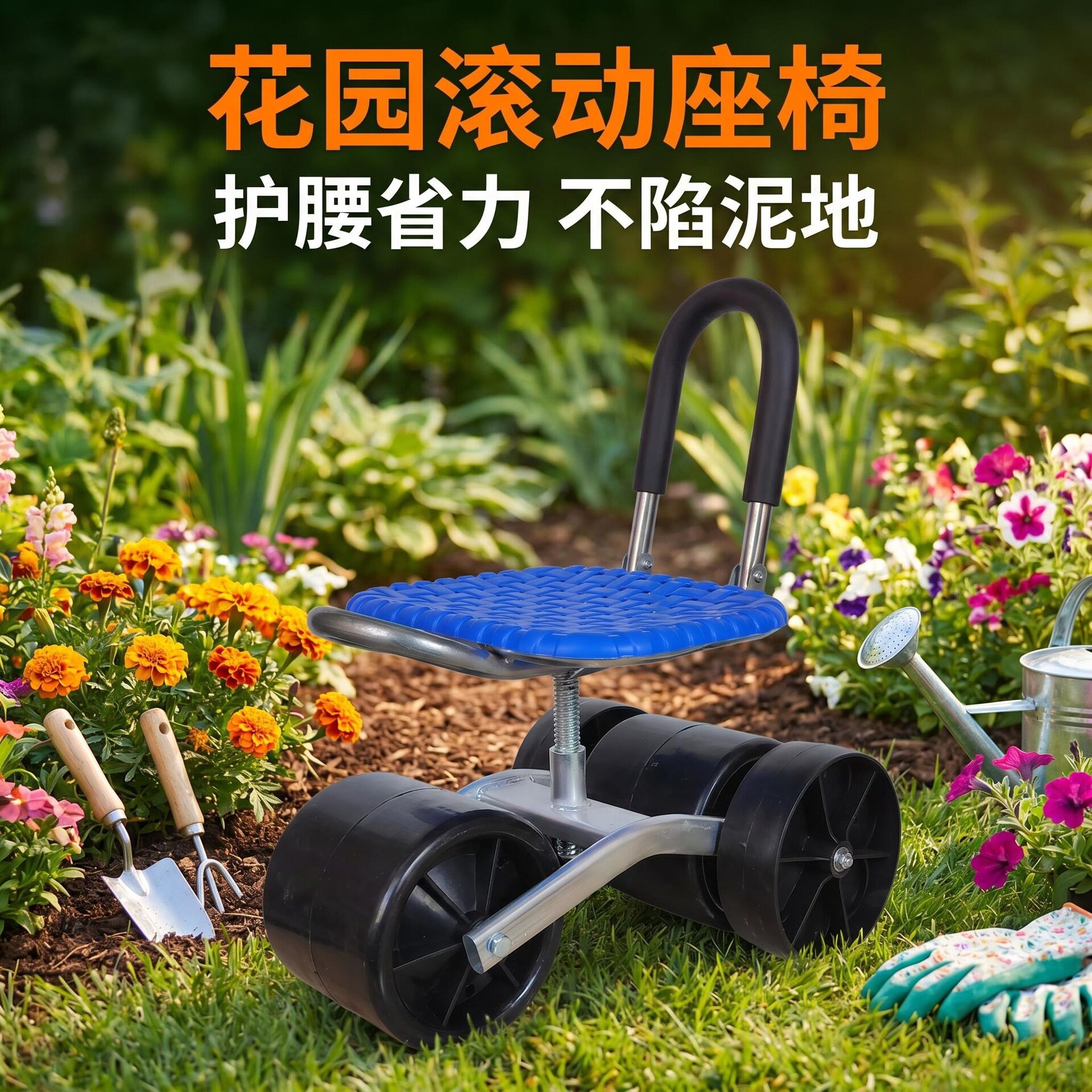 花园滚动座椅推车工作凳农田蔬菜大棚果园移动座椅旋转升降加宽轮