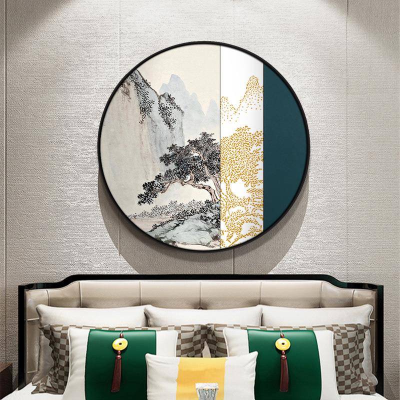 松柏之茂新中式装饰画圆形抽象山水松树画卧室床头挂画走廊壁画