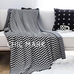 现代都市风毛毯黑白条格装饰毯客厅沙发毯盖毯卧室床尾毯午休毯子